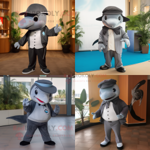 Gray Killer Whale mascot costume character dressed with Suit Pants and Caps