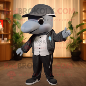 Gray Killer Whale mascot costume character dressed with Suit Pants and Caps