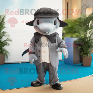 Gray Killer Whale mascot costume character dressed with Suit Pants and Caps