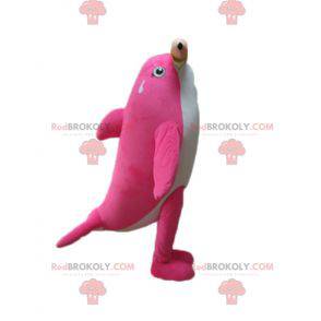 Roze en witte dolfijn orka mascotte met een gigantisch potlood