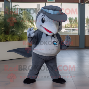 Gray Killer Whale mascot costume character dressed with Suit Pants and Caps