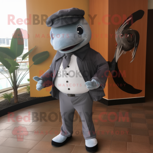 Gray Killer Whale mascot costume character dressed with Suit Pants and Caps
