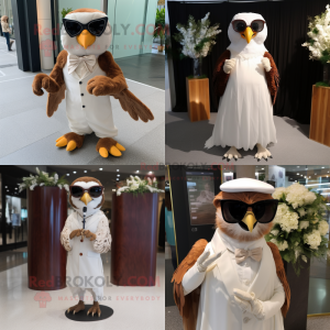 Brown Falcon mascot costume character dressed with Wedding Dress and Sunglasses