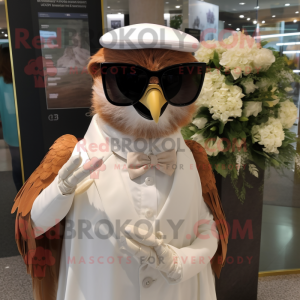 Brown Falcon mascot costume character dressed with Wedding Dress and Sunglasses