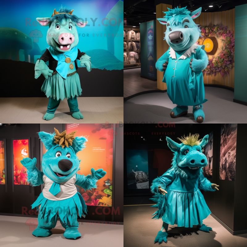 Turquoise Wild boar mascot costume character dressed with Culottes and Cummerbunds