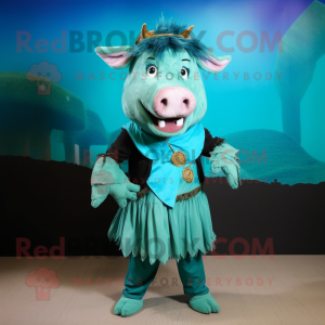 Turquoise Wild boar mascot costume character dressed with Culottes and Cummerbunds