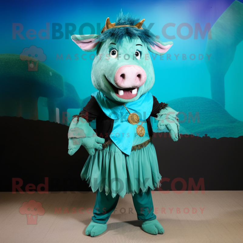 Turquoise Wild boar mascot costume character dressed with Culottes and Cummerbunds