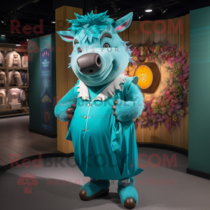 Turquoise Wild boar mascot costume character dressed with Culottes and Cummerbunds