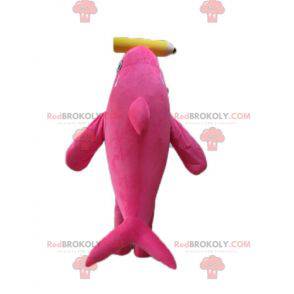 Pink and white dolphin killer whale mascot with a giant pencil