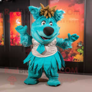 Turquoise Wild boar mascot costume character dressed with Culottes and Cummerbunds