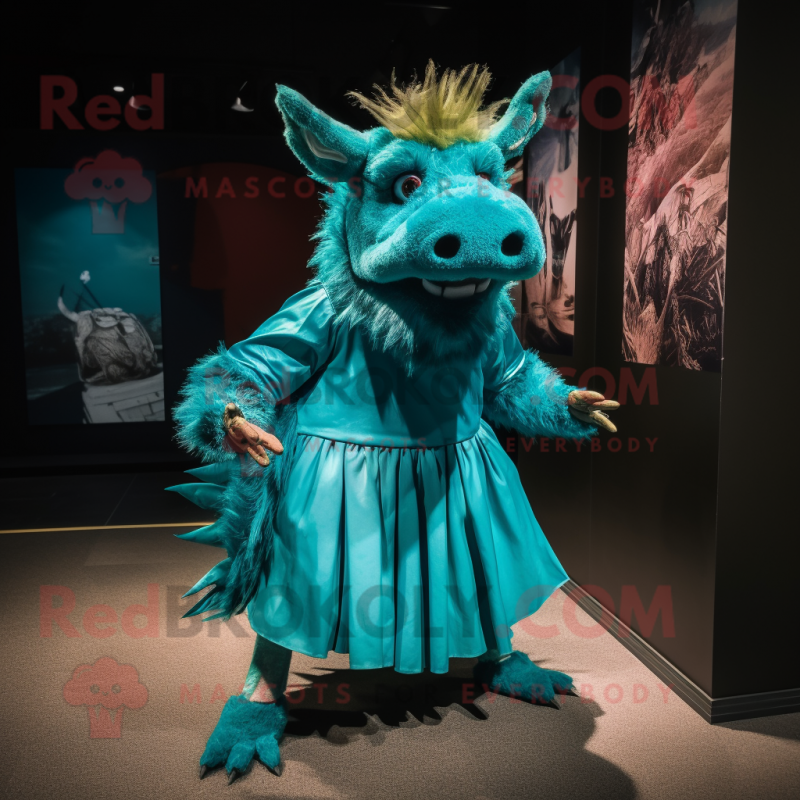 Turquoise Wild boar mascot costume character dressed with Culottes and Cummerbunds