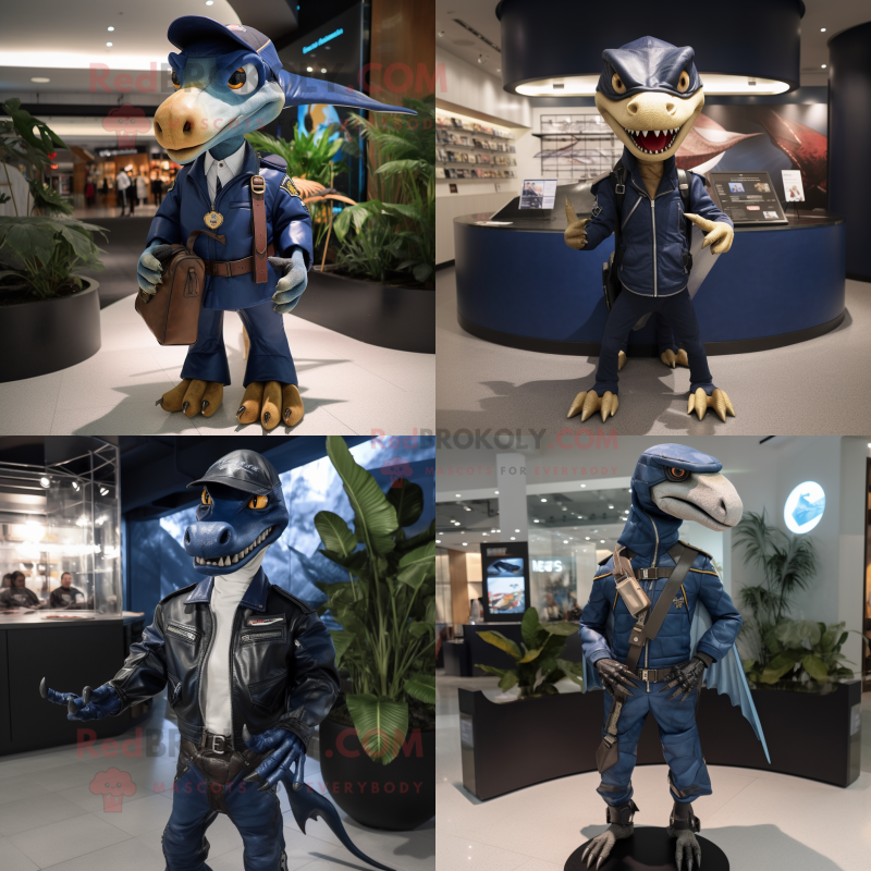 Navy Dimorphodon mascot costume character dressed with Leather Jacket and Clutch bags