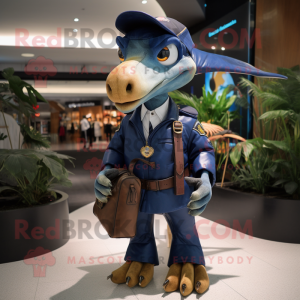 Navy Dimorphodon mascot costume character dressed with Leather Jacket and Clutch bags