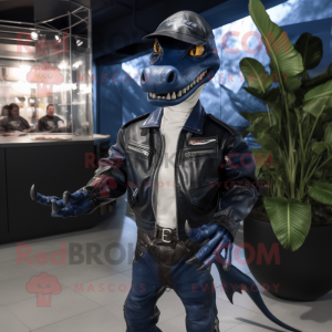 Navy Dimorphodon mascot costume character dressed with Leather Jacket and Clutch bags