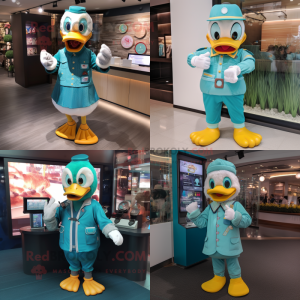 Teal Duck mascot costume character dressed with Romper and Bracelet watches