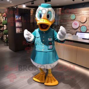 Teal Duck mascot costume character dressed with Romper and Bracelet watches