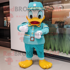 Teal Duck mascot costume character dressed with Romper and Bracelet watches