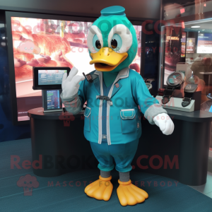 Teal Duck mascot costume character dressed with Romper and Bracelet watches