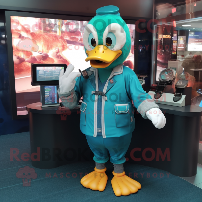 Teal Duck mascot costume character dressed with Romper and Bracelet watches Teal Duck mascot costume character dressed with Romper and Bracelet watches