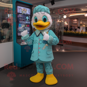 Teal Duck mascot costume character dressed with Romper and Bracelet watches