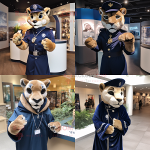 Navy Mountain Lion mascot costume character dressed with Coat and Bracelets