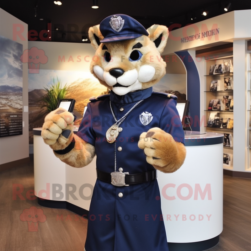 Navy Mountain Lion mascot costume character dressed with Coat and Bracelets