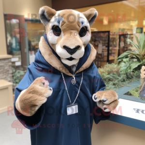 Navy Mountain Lion mascot costume character dressed with Coat and Bracelets