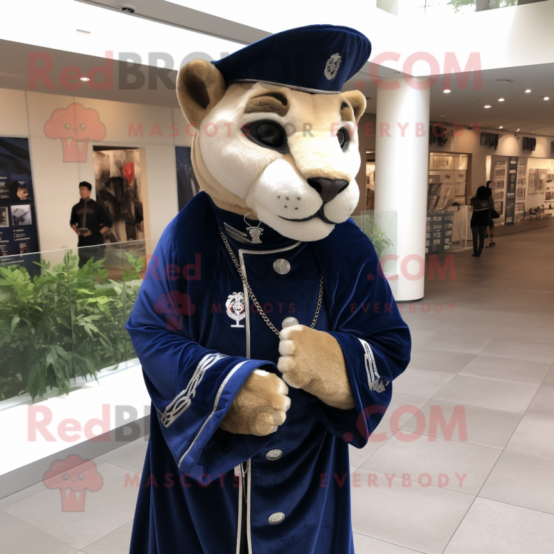 Navy Mountain Lion mascot costume character dressed with Coat and Bracelets Navy Mountain Lion mascot costume character dressed with Coat and Bracelets