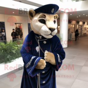 Navy Mountain Lion mascot costume character dressed with Coat and Bracelets