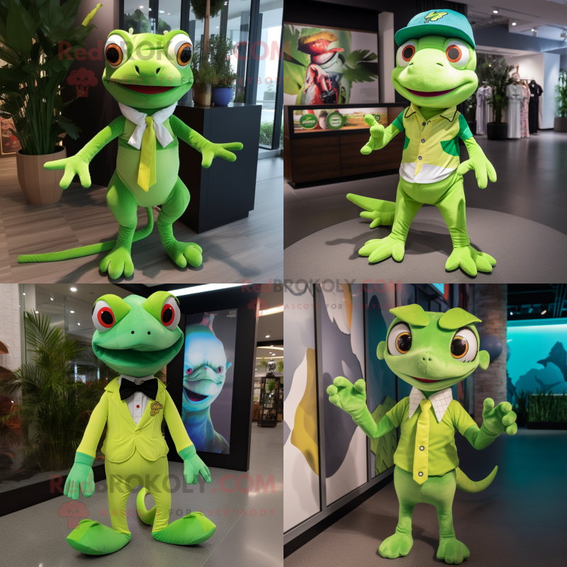 Lime Green geckos mascot costume character dressed with Polo Tee and Bow ties