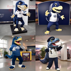 Navy Tyrannosaurus mascot costume character dressed with Leggings and Shoe clips