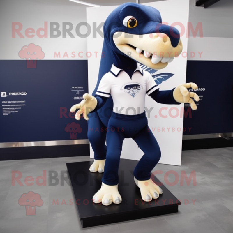 Navy Tyrannosaurus mascot costume character dressed with Leggings and Shoe clips Navy Tyrannosaurus mascot costume character dressed with Leggings and Shoe clips