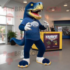Navy Tyrannosaurus mascot costume character dressed with Leggings and Shoe clips