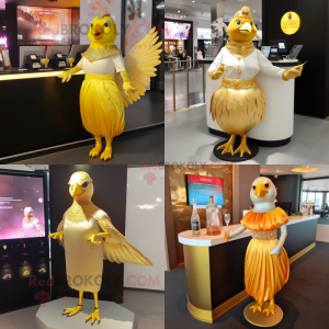 Gold Pigeon mascot costume character dressed with Cocktail Dress and Anklets