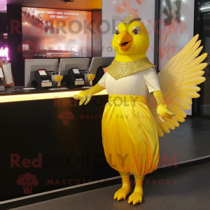 Gold Pigeon mascot costume character dressed with Cocktail Dress and Anklets