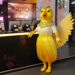 Gold Pigeon maskot kostume...