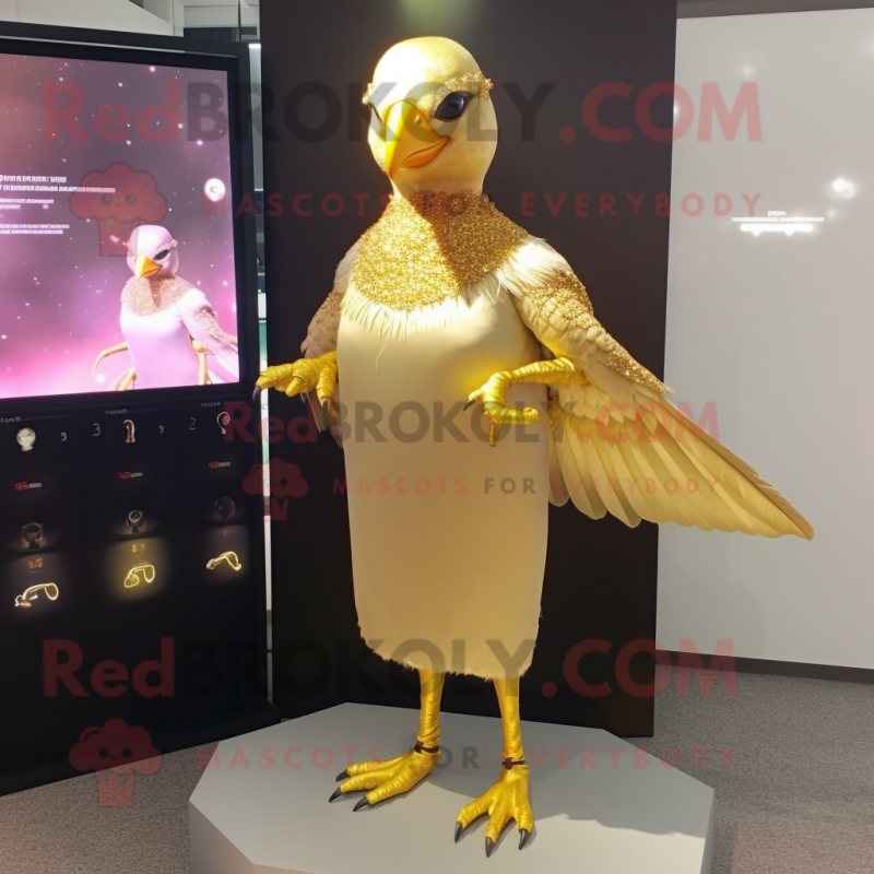 Gold Pigeon mascot costume character dressed with Cocktail Dress and Anklets