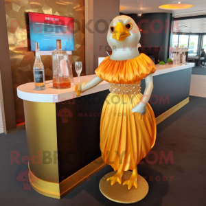 Gold Pigeon mascot costume character dressed with Cocktail Dress and Anklets