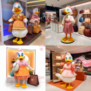 Peach Muscovy Duck mascot costume character dressed with Wrap Skirt and Handbags