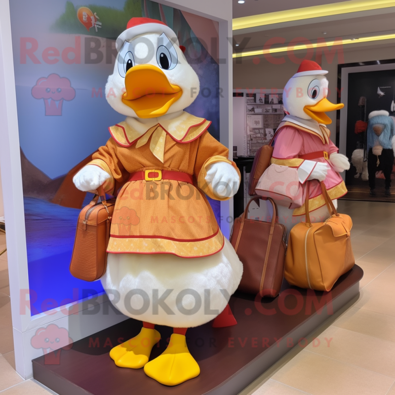 Peach Muscovy Duck mascot costume character dressed with Wrap Skirt and Handbags