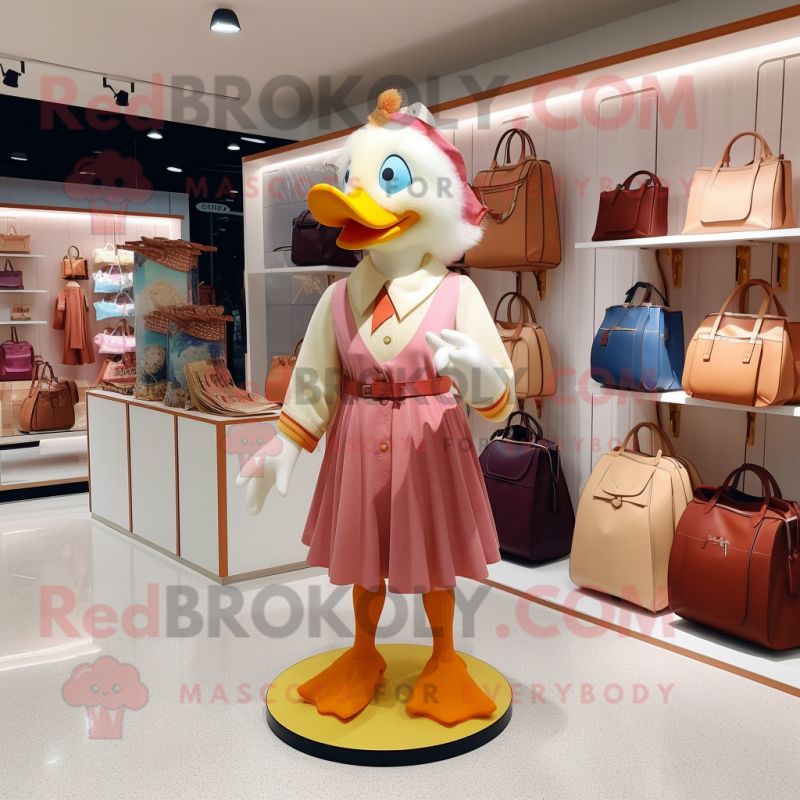 Peach Muscovy Duck mascot costume character dressed with Wrap Skirt and Handbags Peach Muscovy Duck mascot costume character dressed with Wrap Skirt and Handbags