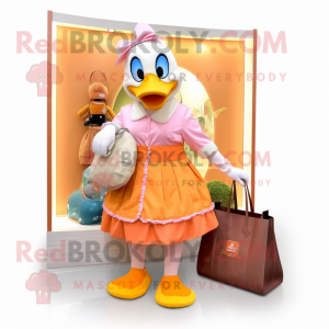 Peach Muscovy Duck mascot costume character dressed with Wrap Skirt and Handbags