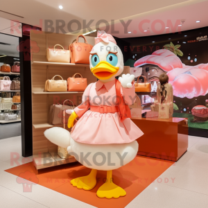 Peach Muscovy Duck mascot costume character dressed with Wrap Skirt and Handbags
