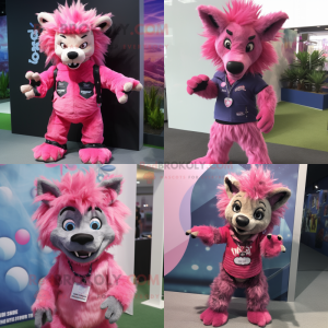 Pink Hyena mascot costume character dressed with Jeans and Hair clips