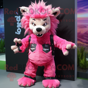 Pink Hyena mascot costume character dressed with Jeans and Hair clips