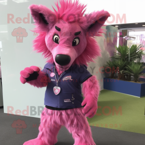 Pink Hyena mascot costume character dressed with Jeans and Hair clips