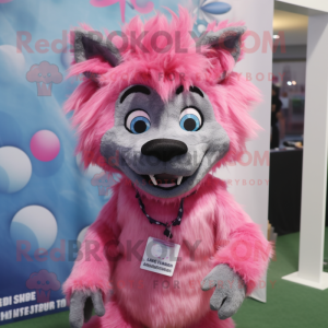 Pink Hyena mascot costume character dressed with Jeans and Hair clips