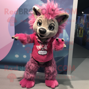 Pink Hyena mascot costume character dressed with Jeans and Hair clips