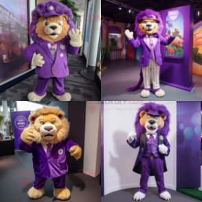 Purple tamer lion mascot costume character dressed with Coat and Pocket squares