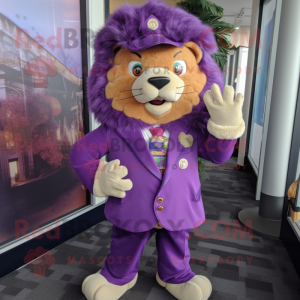 Purple tamer lion mascot costume character dressed with Coat and Pocket squares